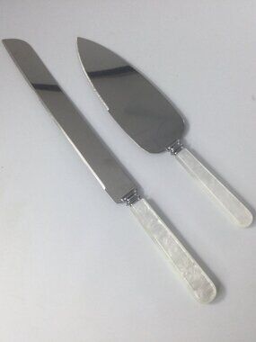 Vintage Sheffield Stainless Steel Cake Knife and Server Set Faux Pearl Handles